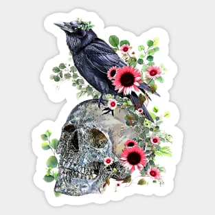 Black raven with skull and leaves crow, skeleton leaves eucaliptus and pink sunflowers Sticker